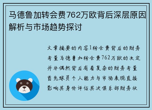马德鲁加转会费762万欧背后深层原因解析与市场趋势探讨