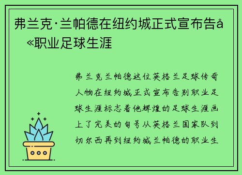 弗兰克·兰帕德在纽约城正式宣布告别职业足球生涯 弗兰克·兰帕德在纽约城正式宣布告别职业足球生涯